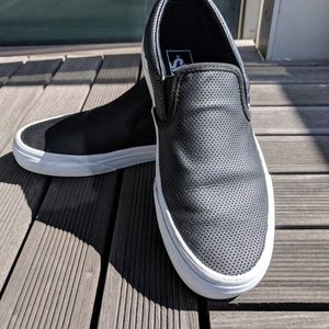 Black Leather Vans Slip-ons